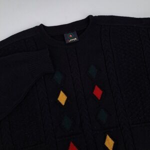 Clipper Vintage Crewneck Sweater Mens 2XL Pure New Wool Navy Blue Cable Argyle